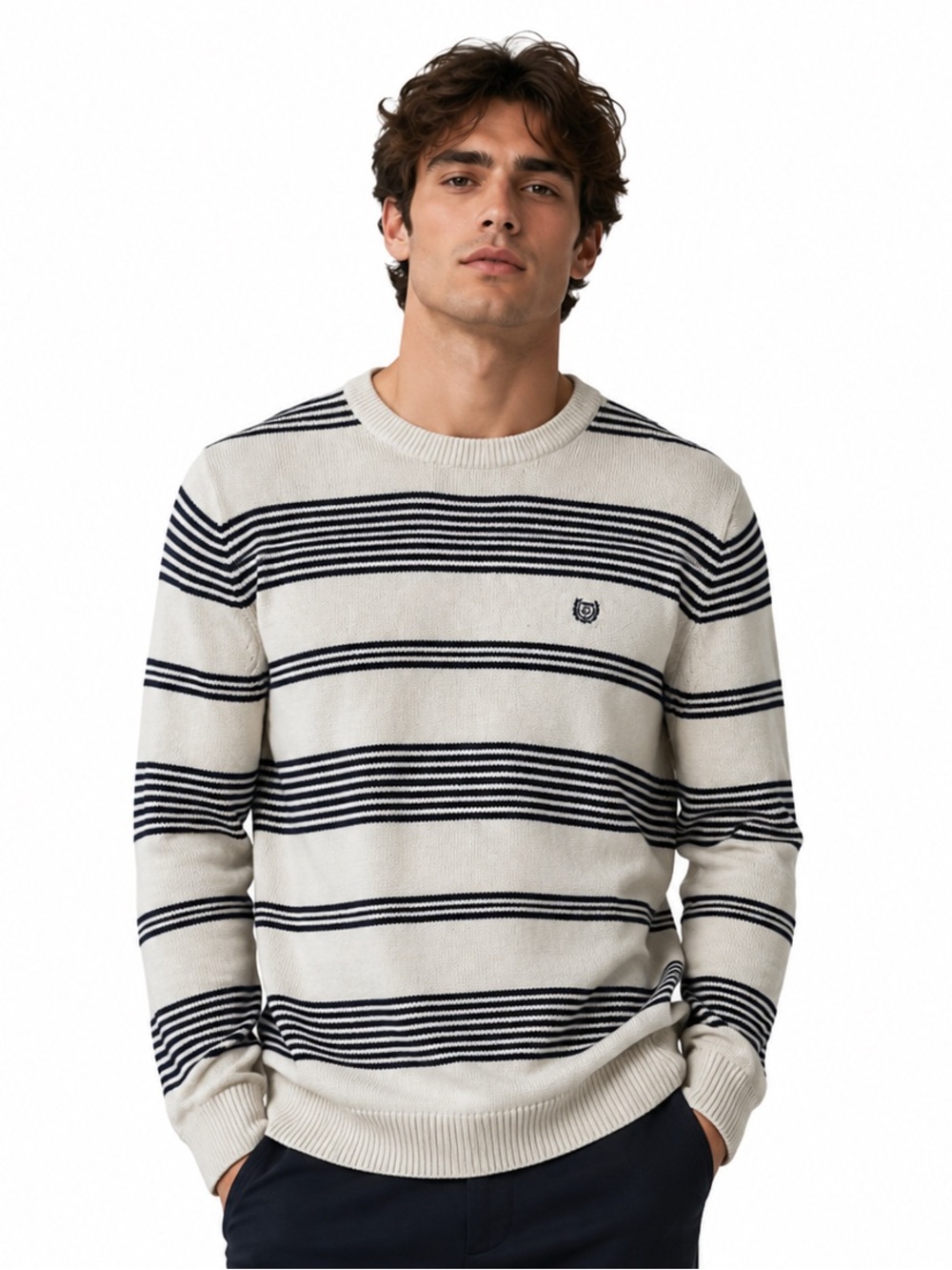 Chaps Men’s Medium Striped Knit Sweater Cream Navy Nautical Pullover